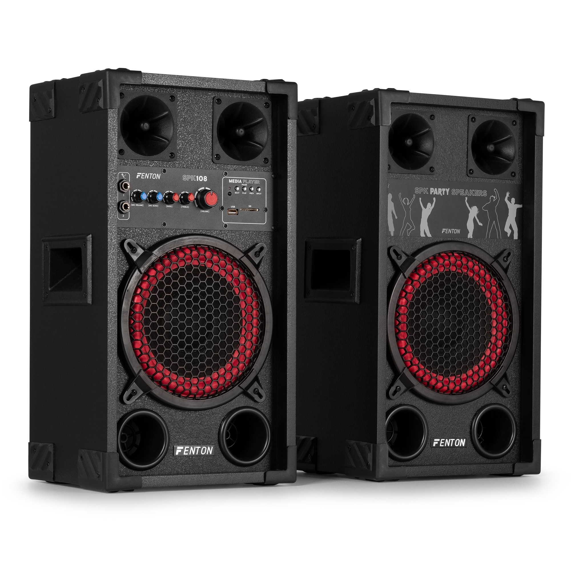 Set 2 boxe active, 8”, 200W RMS, LED, Bluetooth/USB/SD, Fenton SPK-108