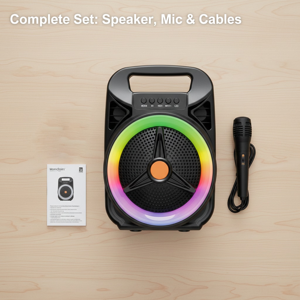 Boxa portabila wireless Karaoke cu microfon si lumini LED multicolore, putere 8W, 19 x 14.5 x 26 cm