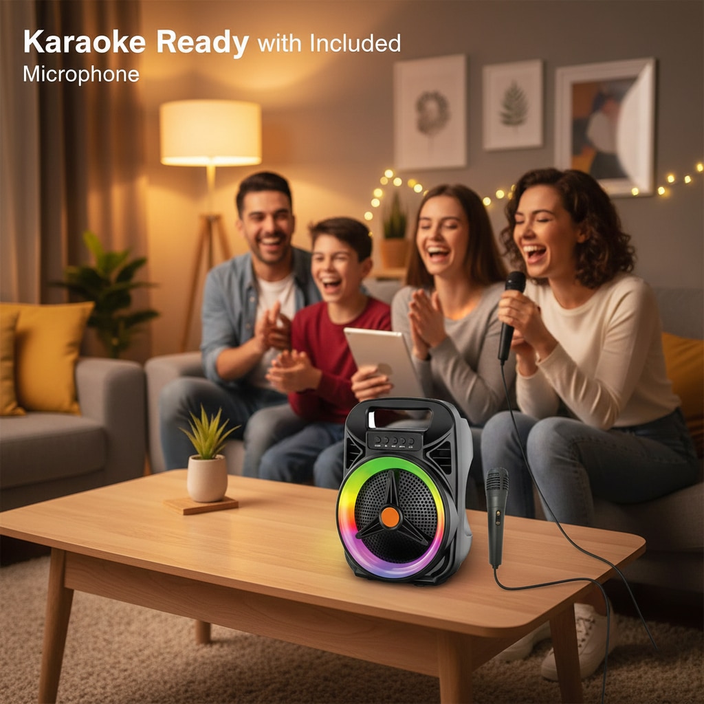 Boxa portabila wireless Karaoke cu microfon si lumini LED multicolore, putere 8W, 19 x 14.5 x 26 cm