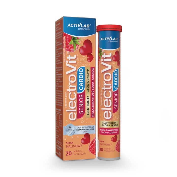 Activlab Pharma ElectroVit Senior Cardio, supliment alimentar cu electroliti, cu magneziu, potasiu, glog, vita si coada‑calului, 20 comprimate efervescente, gust zmeura
