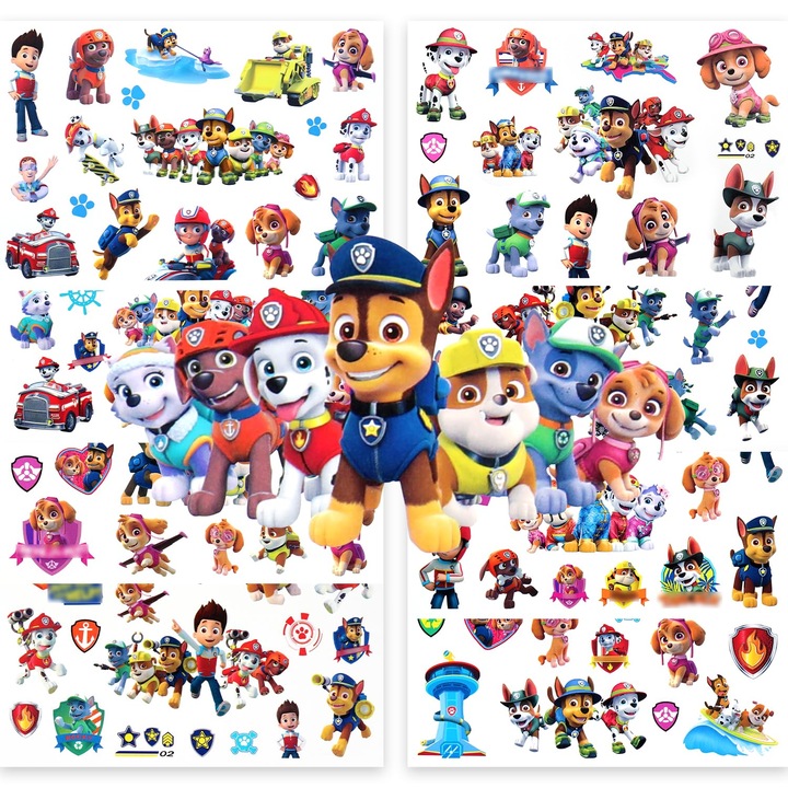 100+ Tatuaje Temporare Paw Patrol, 6 Foi Mari, Rezistente la Apa, Accesorii Petrecere Copii, Design Chase, Marshall, Skye si Rubble, Multicolor