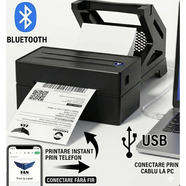 Imprimanta Termica pentru Etichete si AWB-uri 100x150 mm, Compatibila Etichete A6, Portabila, 203 DPI, Viteza printare 18 cm/s, Fara Cerneala sau Tus, Bluetooth si USB, iOS, Android, Windows, Negru