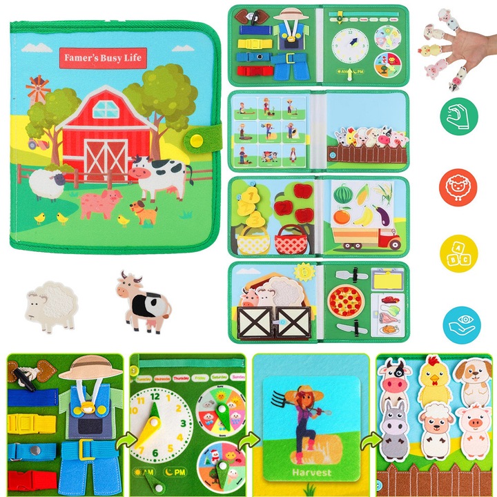 Сетивна книжка с животни от фермата за малки деца, Монтесори играчки, образователна тиха книжка с умения за живот, играчки за пътуване за малки деца на 1, 2, 3 години