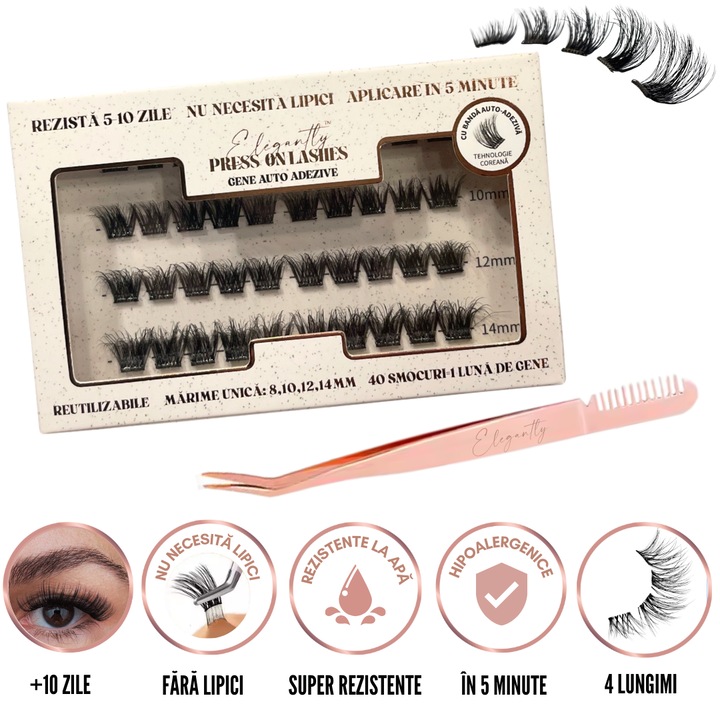 Kit extensii gene auto adezive si penseta pentru gene, press on, 40 bucati, 8-14mm, rezistente pana la 10 zile