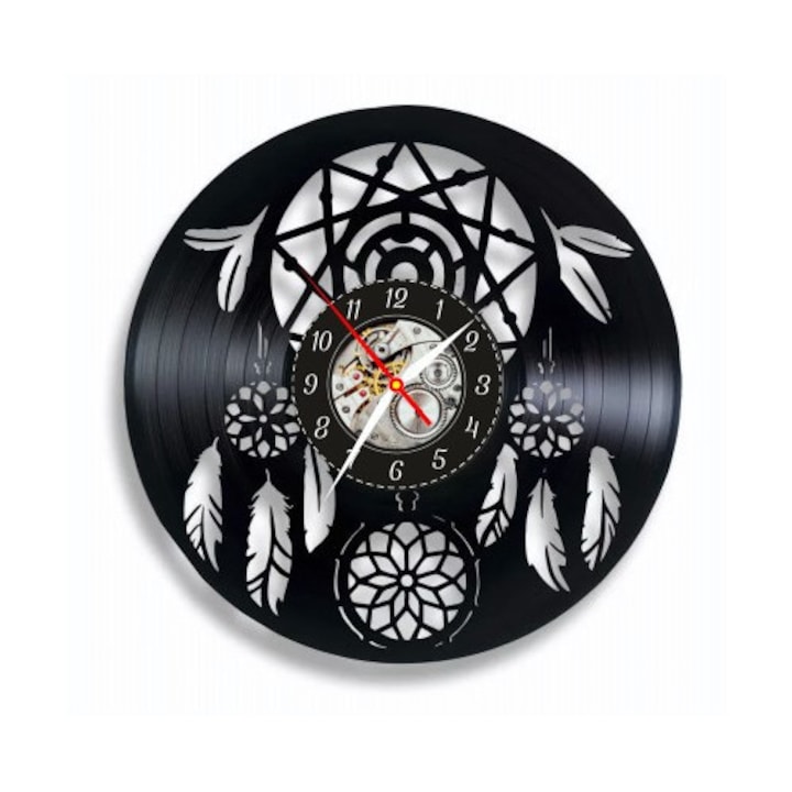 Dekoratív falióra - Dreamcatcher Spiritual Protection - Bohó Design Tollakkal és Etnikai Díszítésekkel - bakelit lemezből készült, Fekete, 30 cm