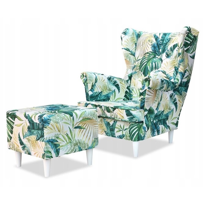 ARI Uszak fotel tartóval, POLY 1 anyag, zöld levélmintás fehér alapon, 84x92x104cm