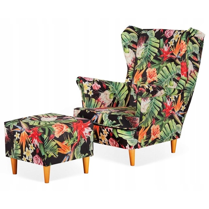 Fotel lábtartóval, Family Meble, többszínű virágok, 84x92x104cm