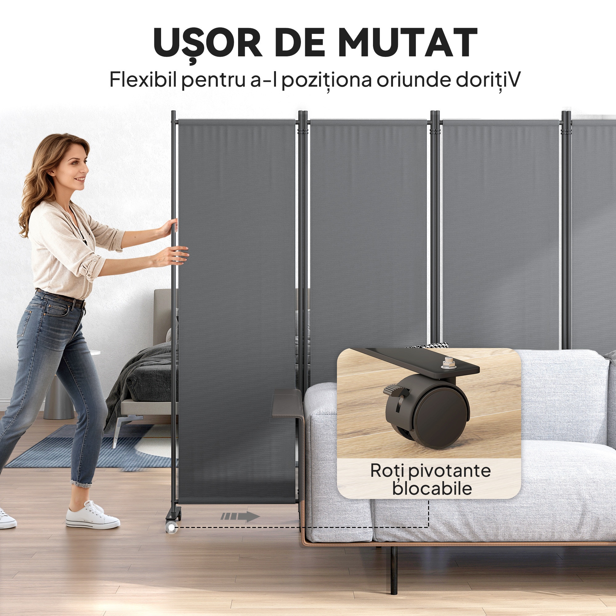 Outsunny Paravan de Exterior si Interior cu 4 Panouri Pliabil cu Roti ...