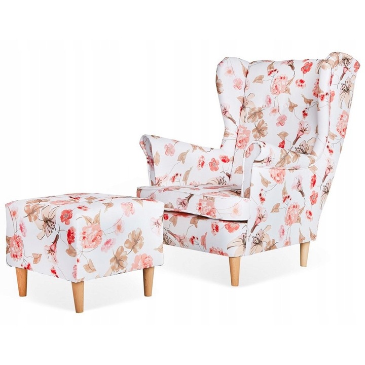 Fotel Uszak ARI cu suport, stil scandinav, material M 68, flori piersiciu si roz, 84x92x104cm