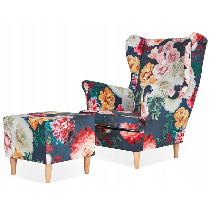 ARI Uszak fotel lábtartóval, bazsarózsa mintás, kék, 104x84x92cm