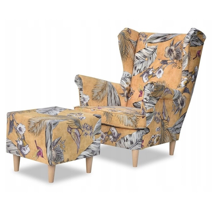 Fotel Uszak ARI cu suport, stil scandinav, imprimeu mustar, dimensiuni 84x92x104cm