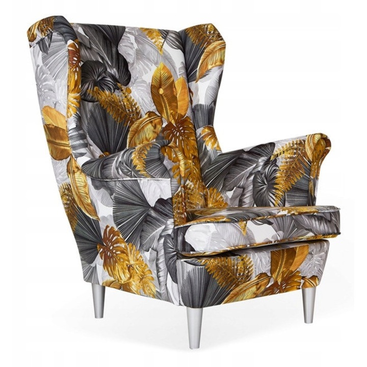 Fotel Uszak ARI, Family Meble, POLY 4, ezüstszürke arany mintákkal, 84x92x104cm