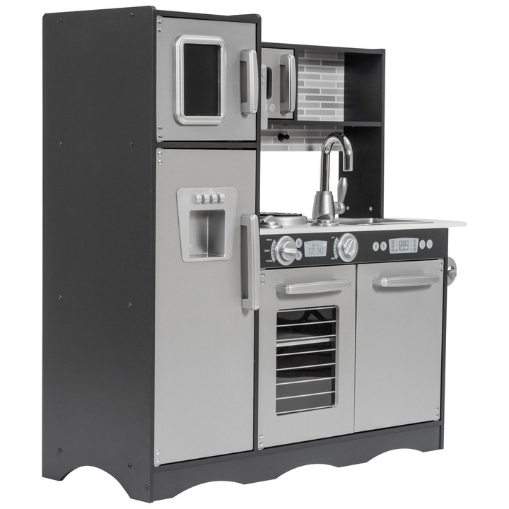 Bucatarie din lemn pentru copii, Luka, XXL, cu iluminare LED, set cu accesorii, gri, 83x93x30cm