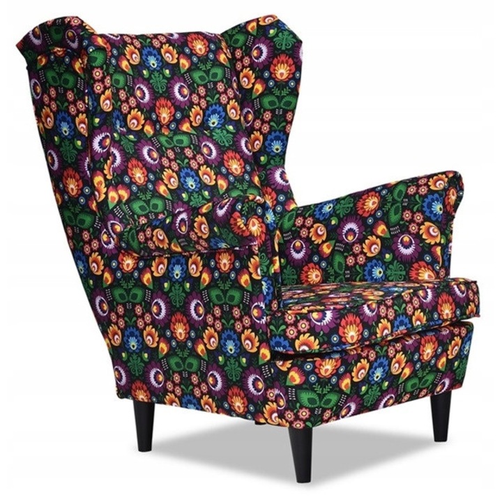 ARI fotel, Family Meble, M 77, színes virágok fekete alapon, 84x92x104cm