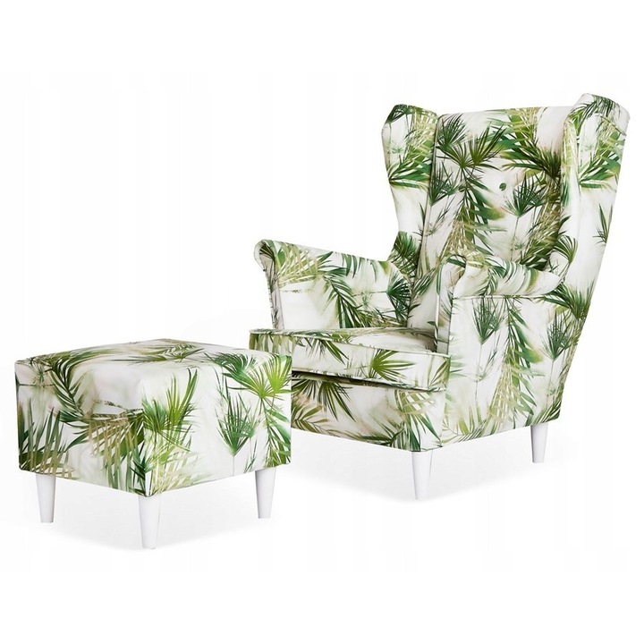 Uszak ARI fotel tartóval, Family Meble, M-117 anyag, zöld levelekkel, 84x92x104cm