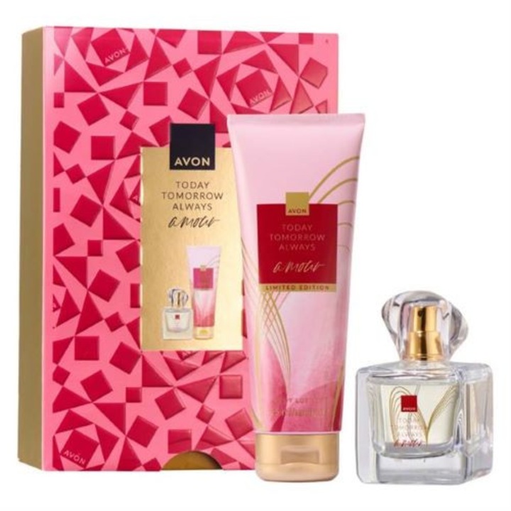 Set cadou Avon TTA Amour, apă de parfum 50 ml, loțiune de corp 125 ml, cutie de cadou