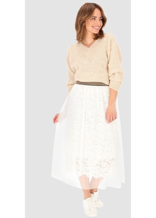 Fusta midi dama, Perso, dantela cu captuseala, alb, poliester-elastan