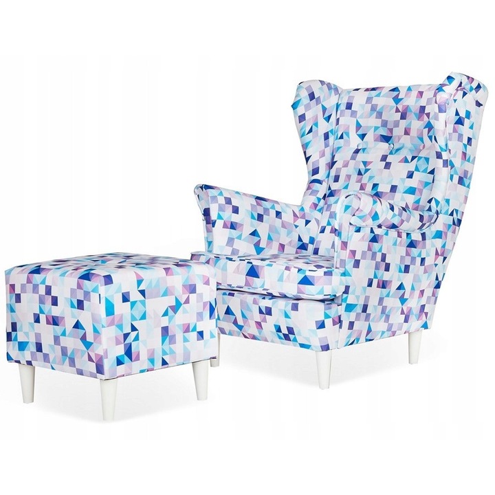 Fotel lábtartóval, Family Meble, színes geometria, kék-lila, 84x92x104cm