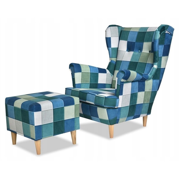 Fotel lábtartóval, Family Meble, M 129 anyag, kék, zöld, szürke színek, méretek 84x92x104cm