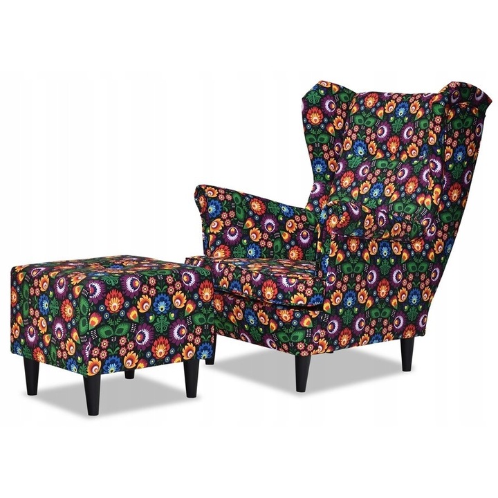 Fotoliu ARI cu suport, stil scandinav, flori colorate pe fundal negru, 84x92x104cm