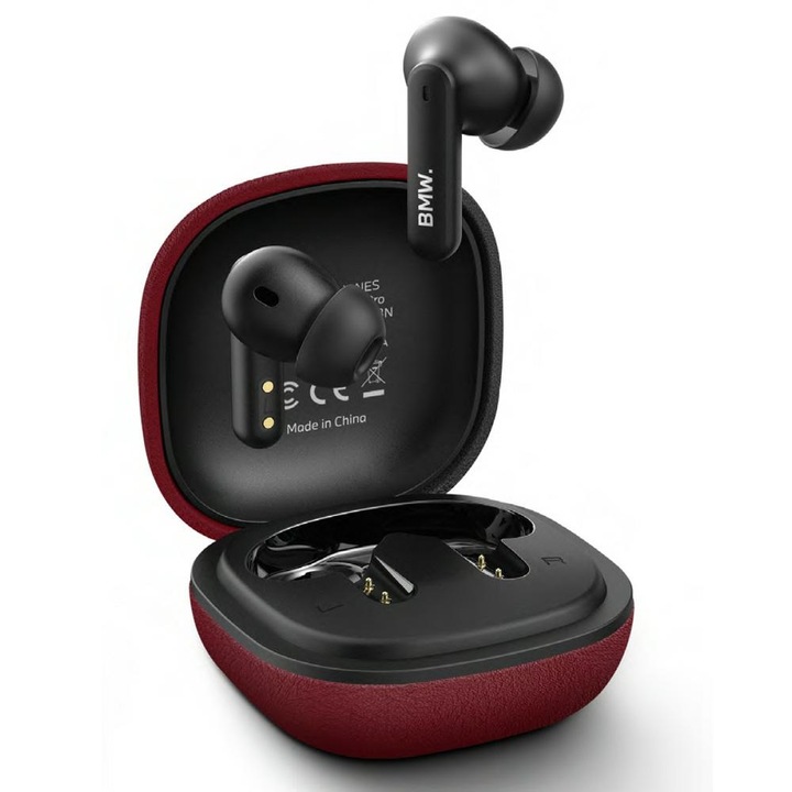 Casti wireless TWS BMW Leather Metal Logo, ENC, Bluetooth 5.4, 310 mAh, USB-C, Piros