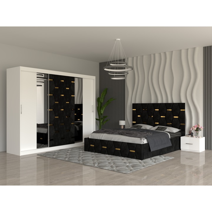 Dormitor Sofia Negru 250x200x60 cu Pat Tapitat 160x200