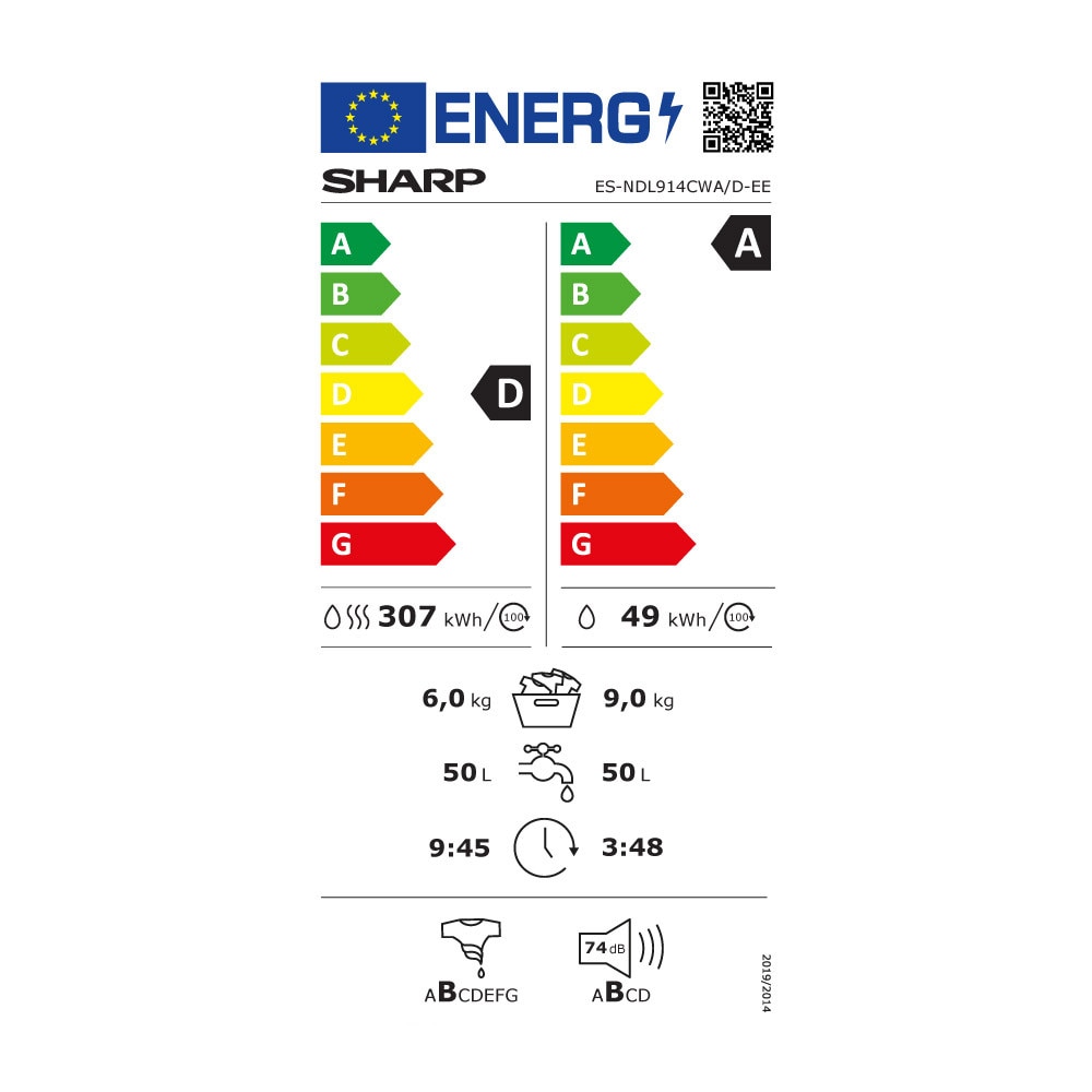 Masina de spalat rufe cu uscator Sharp ES-NDL914CWA/D, Advanced Inverter, Steam, Allergy Smart, TIme Dry, SuperJet, Start intarziat, 9/6 kg, 1400 rpm, Clasa A/D, Alba