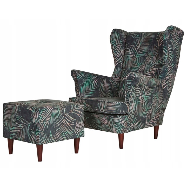 Fotel Uszak Ari Print, set cu puf, design scandinav, multicolor, 104x84x92cm