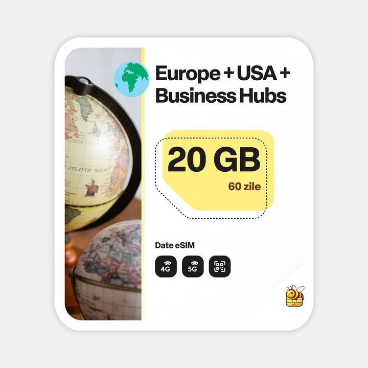 Cartela eSIM Internet, beeSIM, Europe + USA + Business Hubs, 20GB, 60 zile