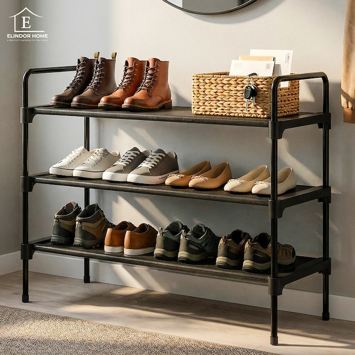 Organizator pentru Pantofi Elindor® Pantofar cu 3 Nivele Mari, Fara Gauri, Suport Metalic pentru Papuci, Dulap Hol, Dormitor, Economisire Spatiu, Depozitare Incaltaminte, 70 × 30 × 57 cm, Negru