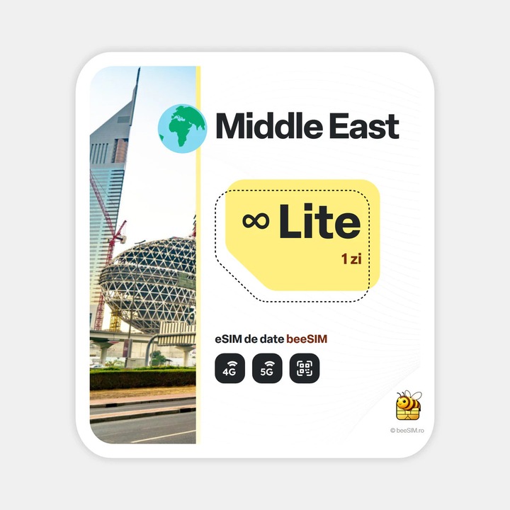 Cartela eSIM Internet, beeSIM, Orientul Mijlociu, Nelimitat, 1 zi