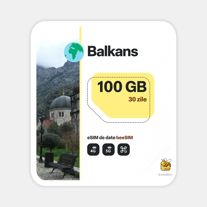 Cartela eSIM Internet, beeSIM, Balcani, 100GB, 30 zile