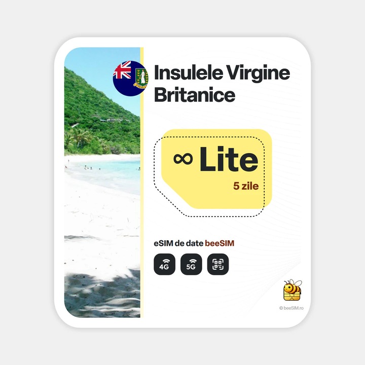 Cartela eSIM Internet, beeSIM, Insulele Virgine Britanice, Nelimitat, 5 zile