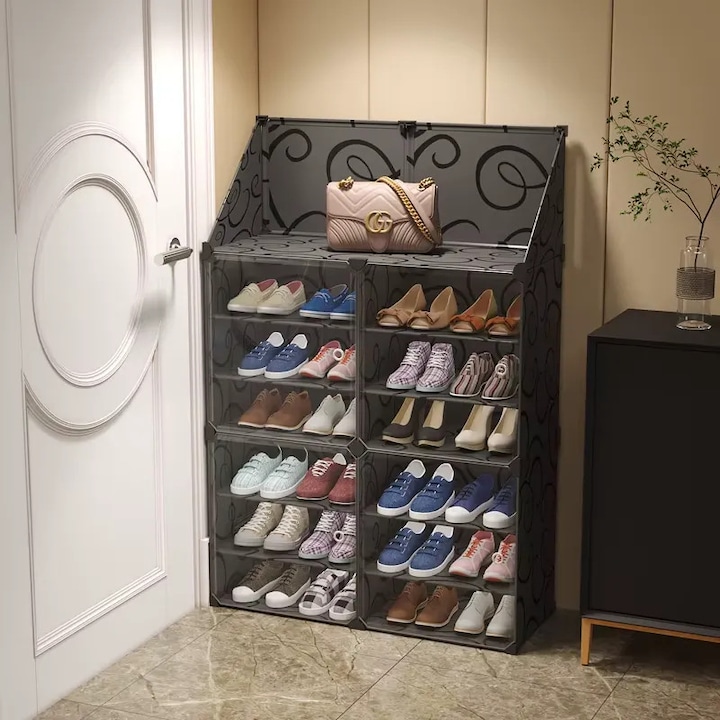 Dulap Modular pentru Pantofi cu Usi Transparente Impermeabil Promagg® – Organizator Spatios, Design Modern si Economisire Spatiu - NEGRU