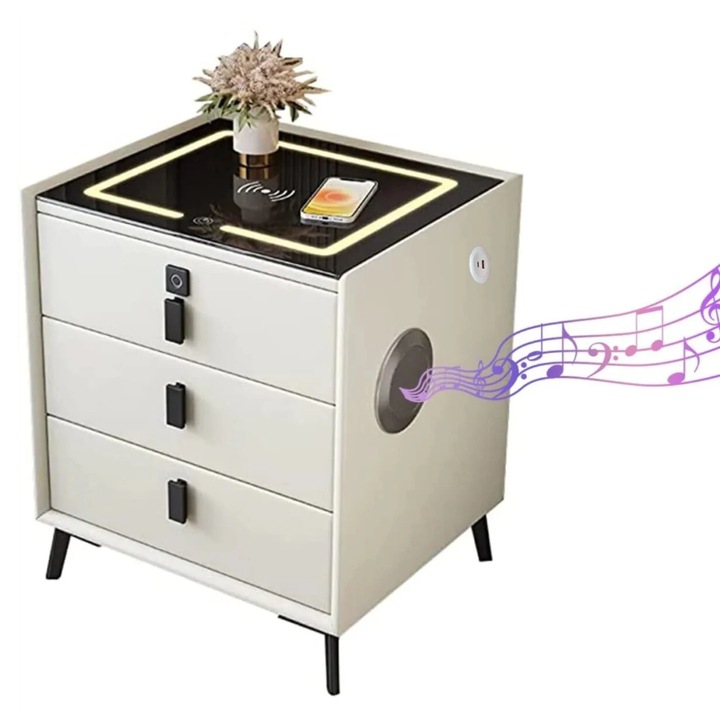 Многофункционално интелигентно нощно шкафче, LED осветление, тъчскрийн, безжично и USB зареждане, Bluetooth високоговорител, 3 чекмеджета, заключване на чекмеджетата с пръстов отпечатък, модерен дизайн, 45x40x59 см, бяло