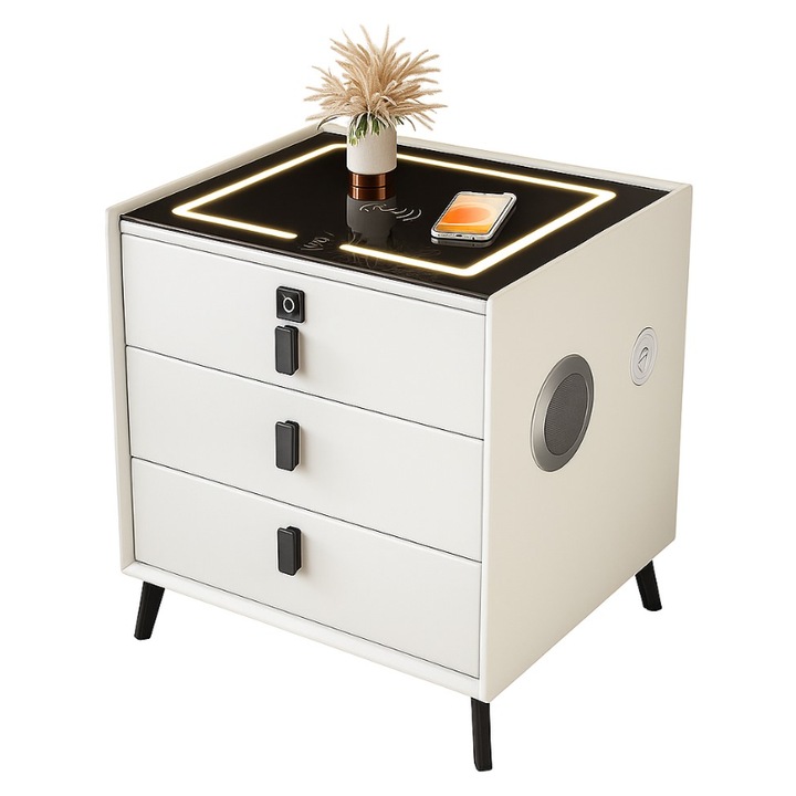 Многофункционално смарт нощно шкафче, LED осветление, тъч контрол, безжично и USB зареждане, Bluetooth високоговорител, 3 чекмеджета, заключване на чекмедже с пръстов отпечатък, модерен дизайн, бял