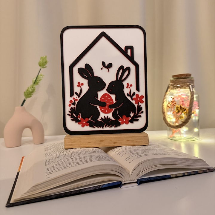 Decoratiune de Paste, Casuta Iepurasi, Eco-friendly, Baza din Lemn Natural, Multicolor, 21 cm, Handmade, Decor Interior Birou, Sufragerie, Cadou Paste, Printat 3D din PLA Eco (plastic biodegradabil), DECORADI®