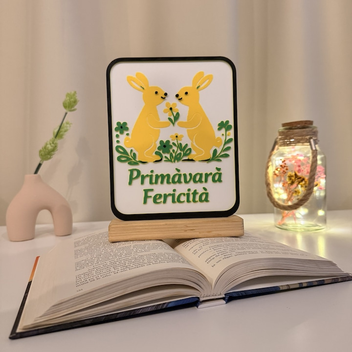 Decoratiune de Paste, Primavara Fericita, Eco-friendly, Baza din Lemn Natural, Multicolor, 19 cm, Handmade, Decor Interior Birou, Sufragerie, Cadou Paste, Printat 3D din PLA Eco (plastic biodegradabil), DECORADI®