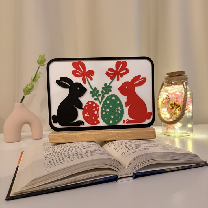 Decoratiune de Paste cu Iepurasi, Eco-friendly, Baza din Lemn Natural, Multicolor, 15 cm, Handmade, Decor Interior Birou, Sufragerie, Cadou Paste, Printat 3D din PLA Eco (plastic biodegradabil), DECORADI®