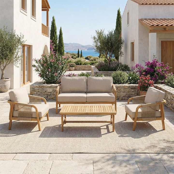 Градински комплект мебели Malibu II, 4 части, естествен/бежов