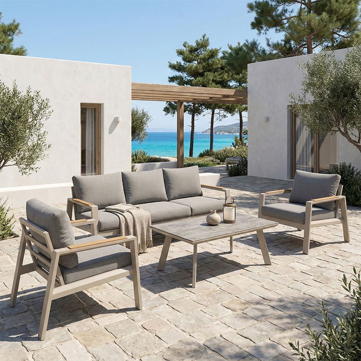 Комплект градински мебели Aeria, 4 части, бежов/тик/сив
