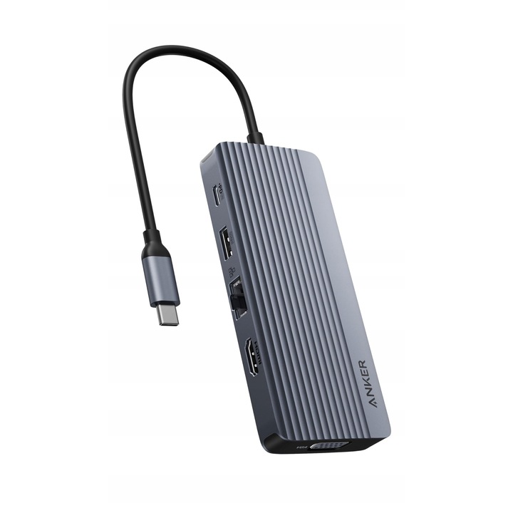 Хъб USB-C Anker A83C2, 10 порта, HDMI 4K, VGA 1080p, сив