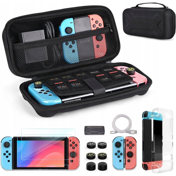 Set accesorii 14w1 pentru Nintendo Switch, husa mare 26,5x12,5x8cm, 2 sticla securizata, 6 capace analogice, culoare neagra