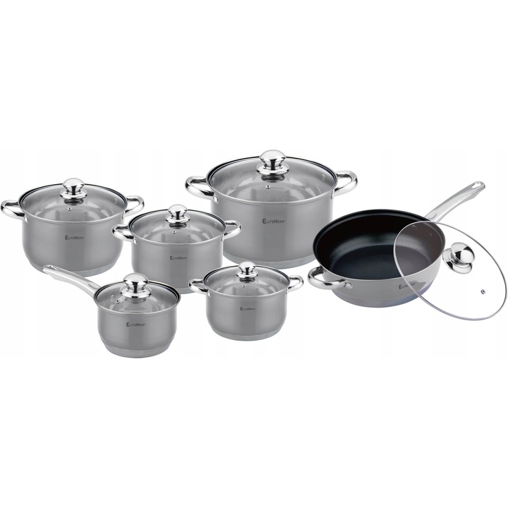 Set oale din inox, 12 piese, 7 straturi, capac din sticla, dimensiuni variate