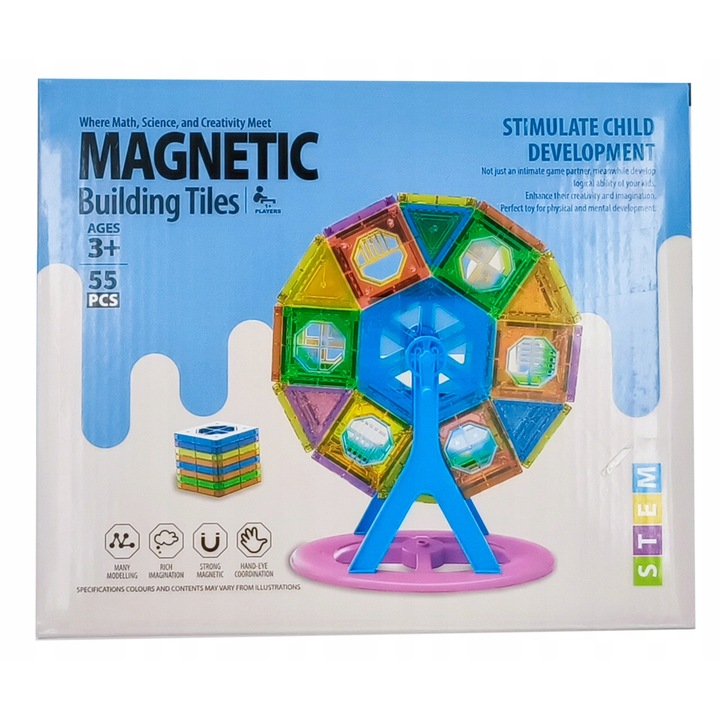 Set de constructie Klocki Magnetyczne Karuzela, 55 elemente, multicolor