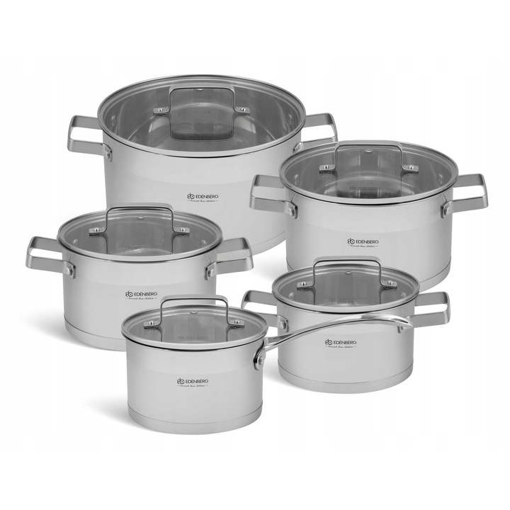 10 részes rozsdamentes acél edénykészlet, 16x18x20x24cm, üvegfedővel, minden típusú tűzhelyhez