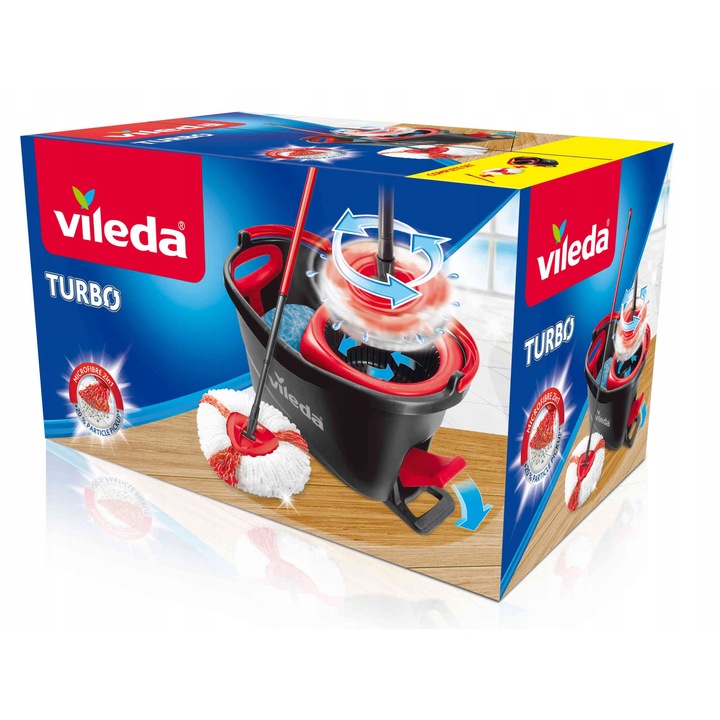 Mop obrotiv Vileda Turbo, sistem de curatare eficient, 49,5x26,5x27cm, alb si rosu, set complet cu galeata