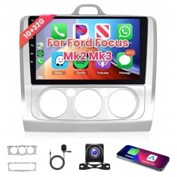 Radio Android 9" pentru Ford Focus Mk2/Mk3 2004-2011, CarPlay, camera AHD, touchscreen