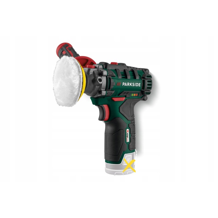 Parkside PAAP 12 E5 akkumulátoros polírozó, 2 sebesség, 12V, 3 pad, 5 csiszolólap, 16,7x13,2x5,85cm