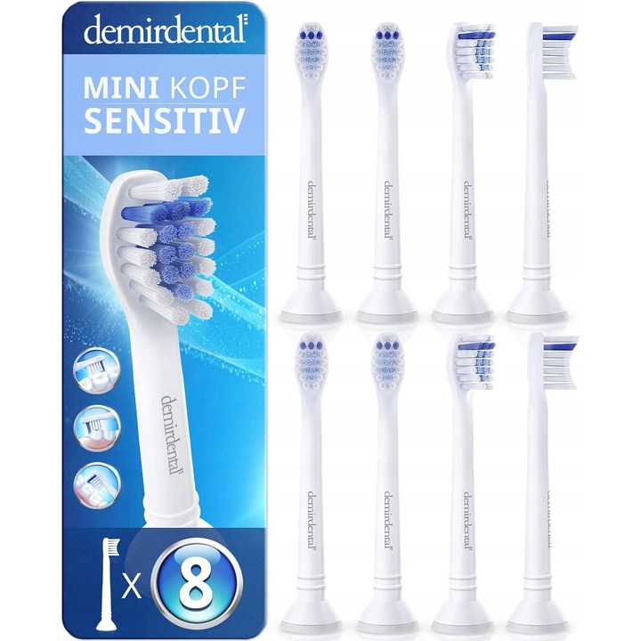 Set 8 capete de periuta Demirdental Mini Sensitive pentru Philips Sonicare, alb